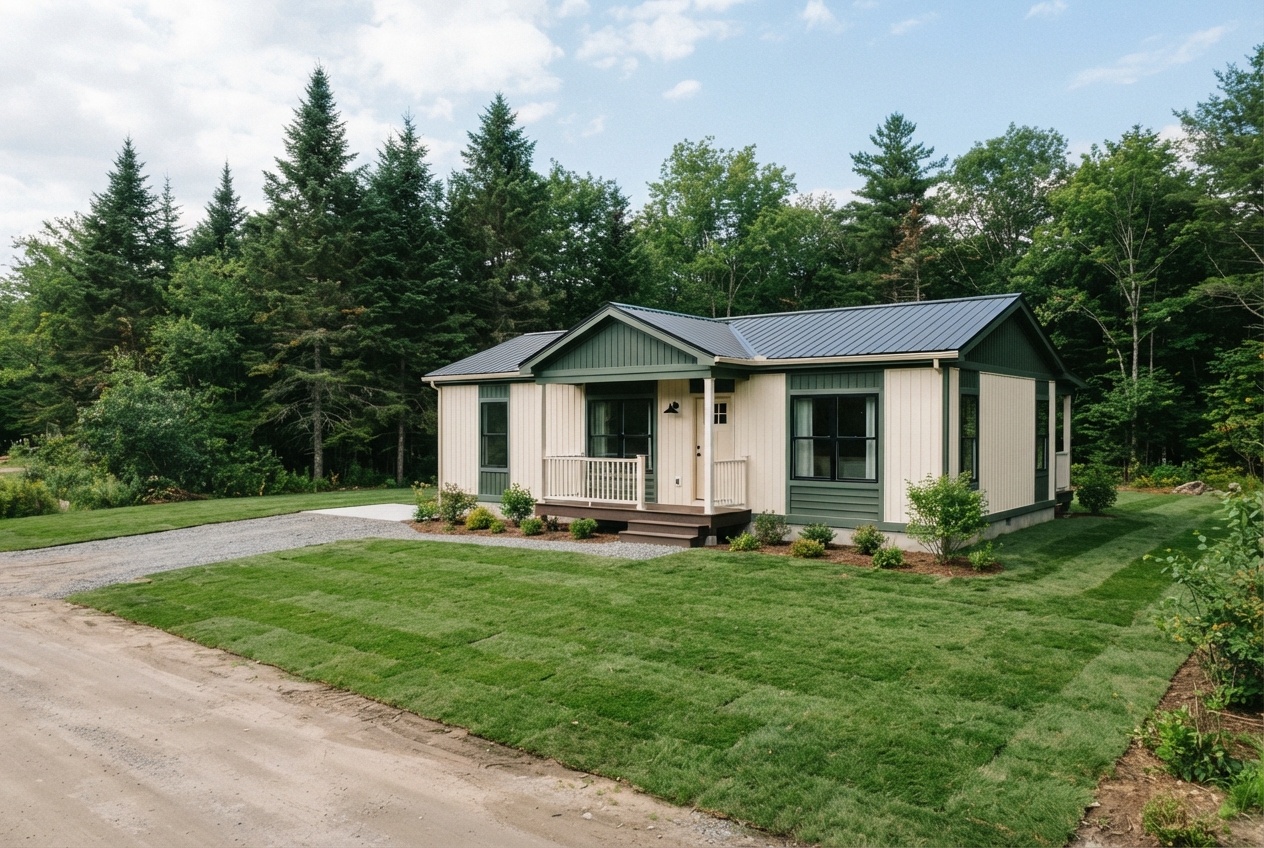 Small green-trimmed cottage with a metal roof, lawn, gravel drive, and forest backdrop.
