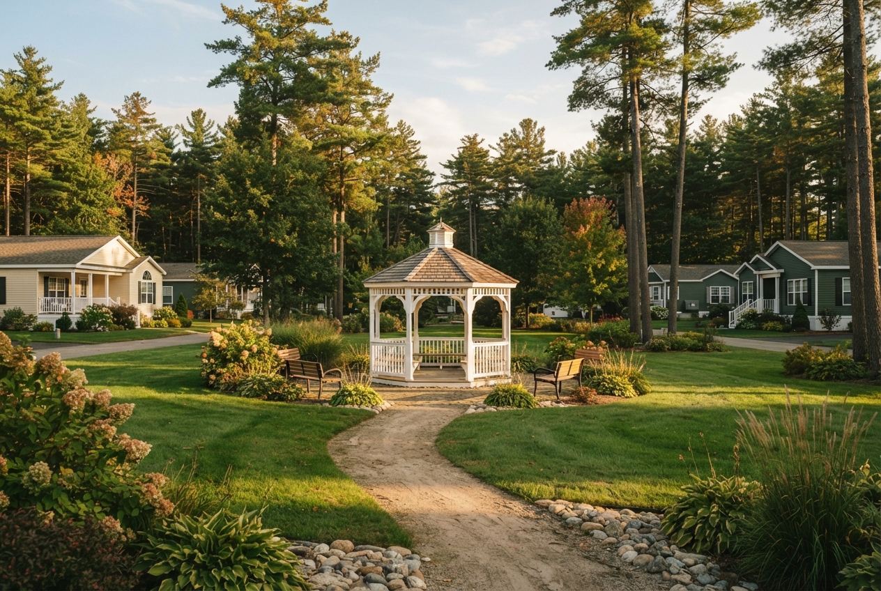 White gazebo and benches in a landscaped residential community surrounded by cottages and pine trees.
