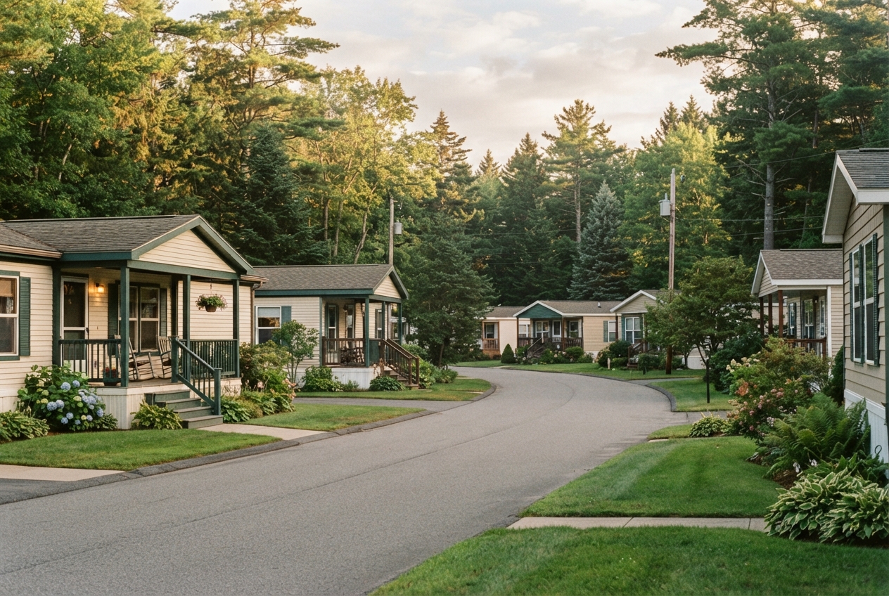 Curving paved street lined with small homes, porches, gardens, and dense sunlit woodland.