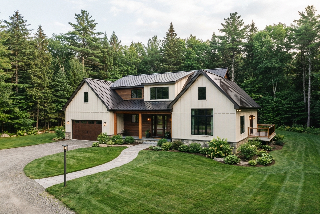 Modern cream-sided house with dark metal roofs, landscaped lawn, and surrounding pine forest.