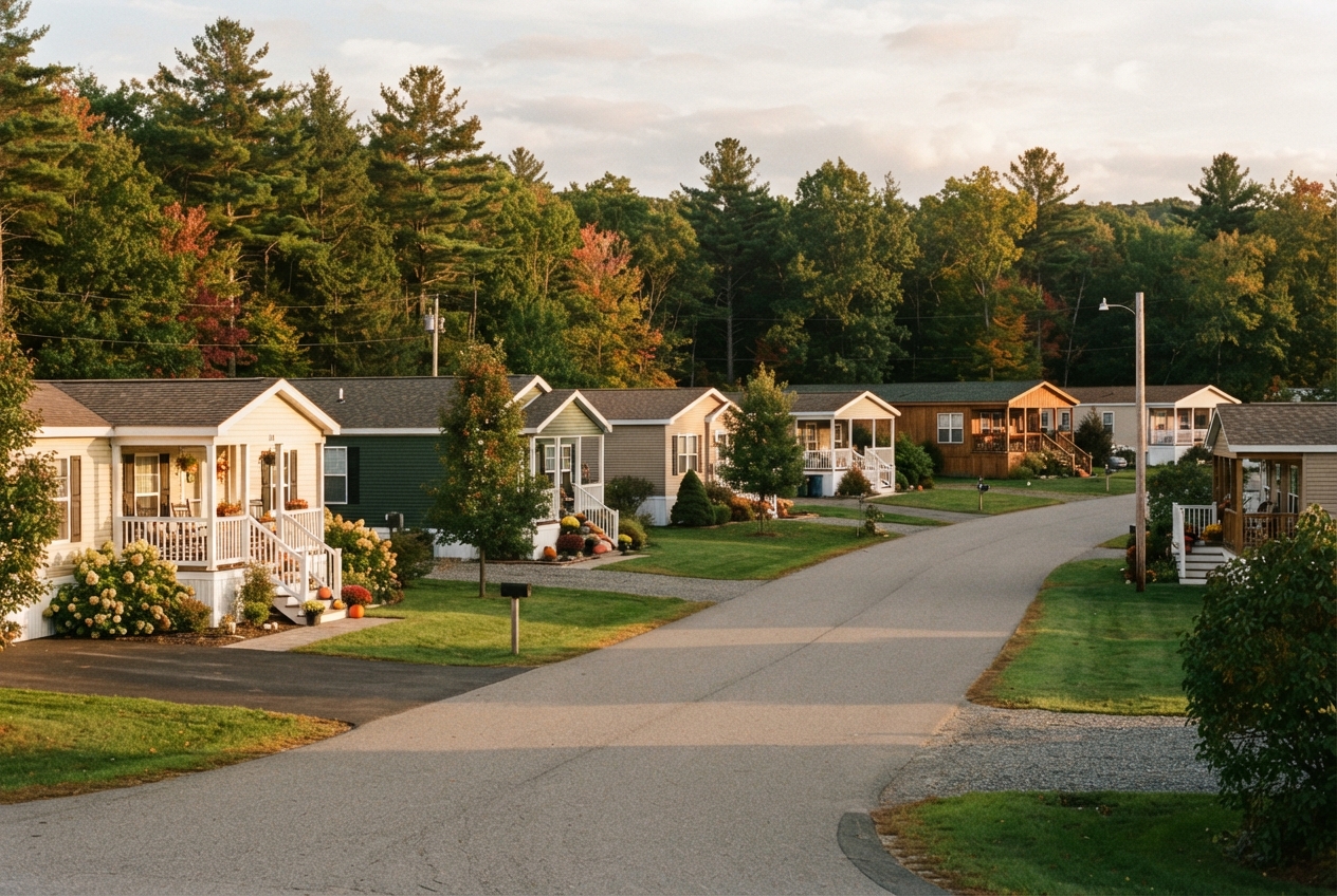 Quiet manufactured-home community road lined with porches, lawns and autumn trees