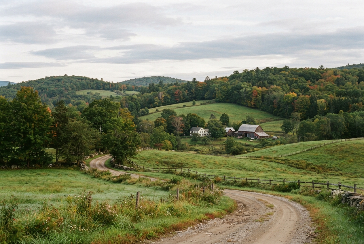 Winding dirt road through green autumn hills leading to a farmhouse and barn.