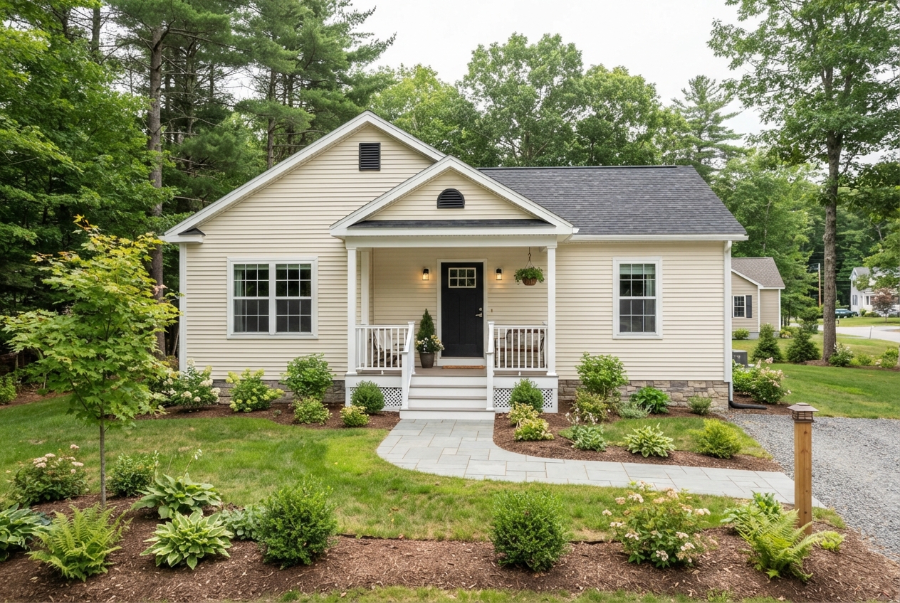 Beige single-story house with a covered porch, landscaped yard, gravel driveway, and wooded surroundings.