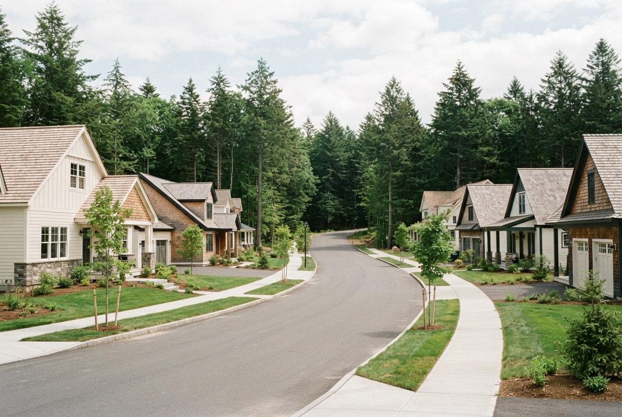 Quiet tree-lined residential street with cottage-style homes, sidewalks, young trees, and dense forest.